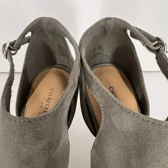 Christian Siriano Taupe / Green Faux Suede Open Toe High Heels Sz 8.5 - Picture 12 of 15